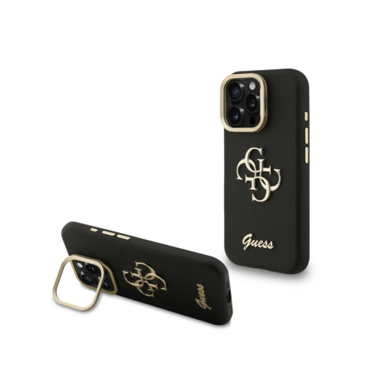 Guess iPhone 15 Pro 4G Logo - PU Leather Case - Camera Frame Stand - Black