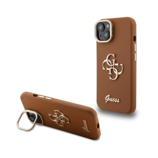 Guess iPhone 15 Pro 4G Logo - PU Leather Case - Camera Frame Stand - Brown