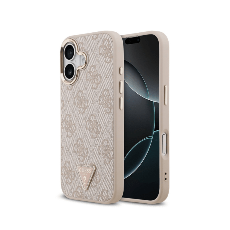 Guess iPhone 17 Case - Strass Triangle Logo - Gold Frame - MagSafe - Pink