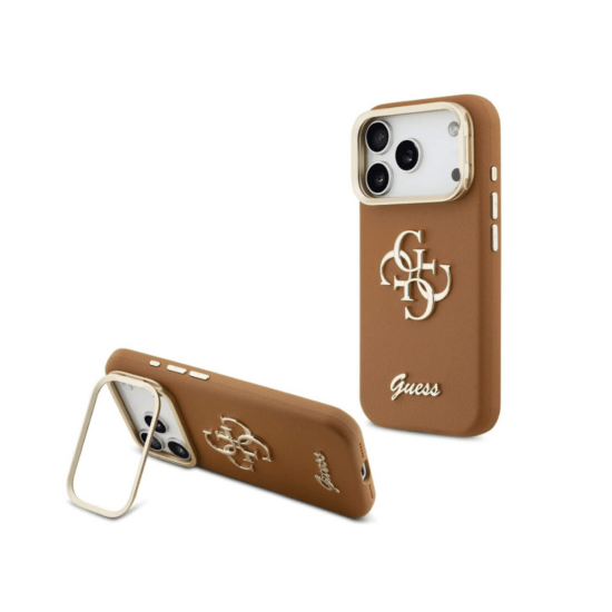 Guess iPhone 17 Pro Case - Camera Frame Stand - PU Leather Grained - Brown