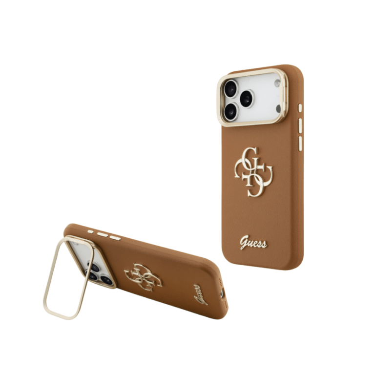 Guess iPhone 17 Pro Max Case - Camera Frame Stand - PU Leather Grained - Brown