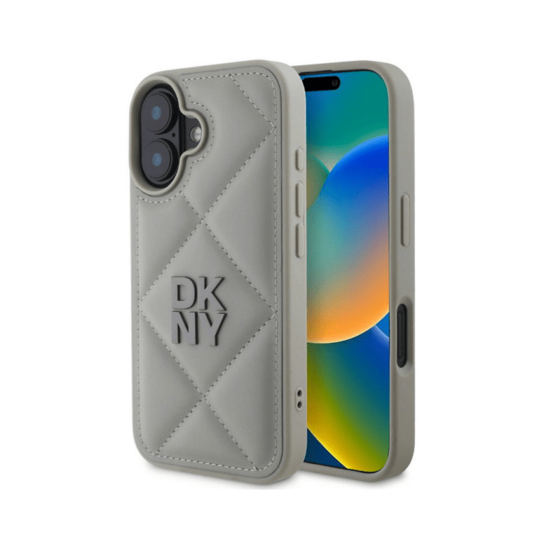 DKNY iPhone 16 Stack Logo Case - PU Leather - Grey
