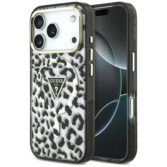 Guess Leopard Glitter Triangle  MagSafe Hoesje voor - iPhone 18 Pro / 17 Pro - Zwart