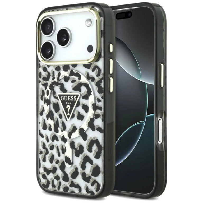 Guess Leopard Glitter Triangle  MagSafe Hoesje voor - iPhone 18 Pro / 17 Pro - Zwart
