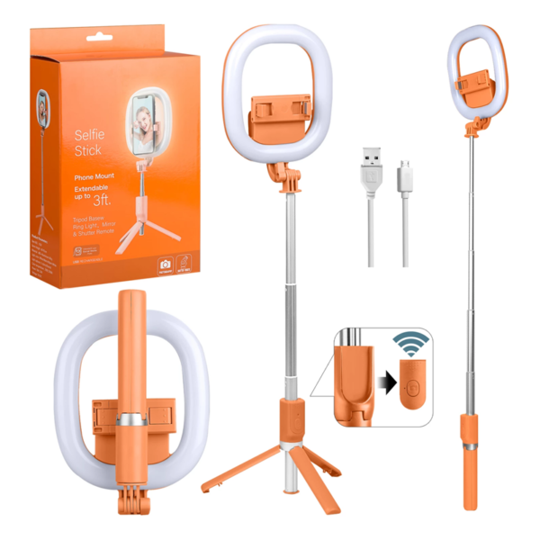 Multifunctionele Selfie Stick R10 met LED-lampje, statief en Bluetooth-afstandsbediening – Tiktok - Oranje