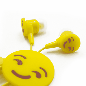 Happy emoji Smiley in ear Headphones Geel